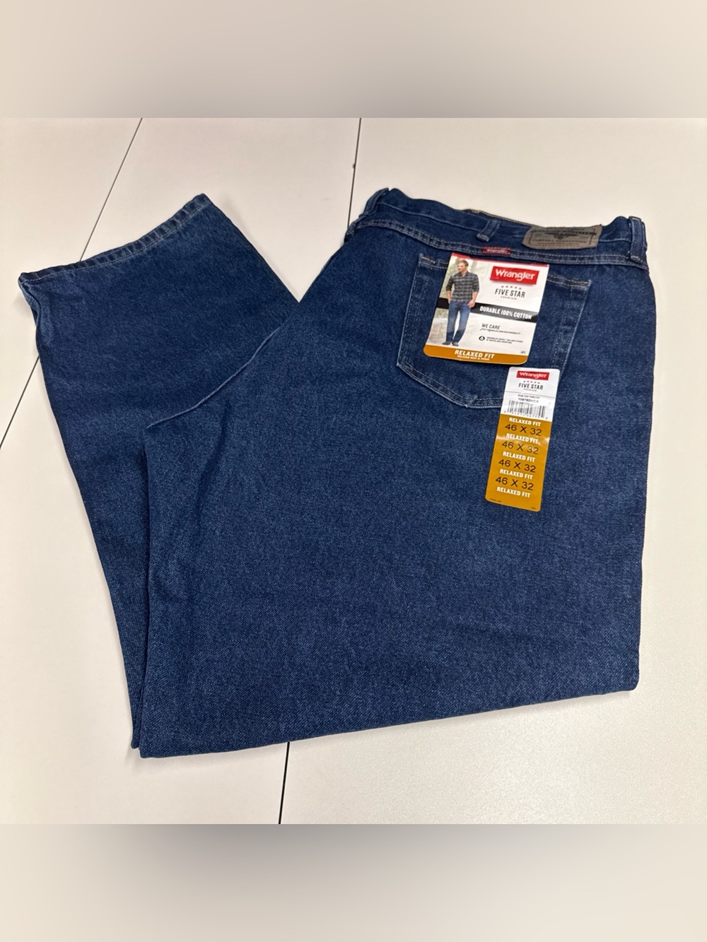 NWT Wrangler Dark Wash Five Star Men Blue Jeans Premium Denim Relaxed Fit 46X 32